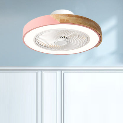 Contemporary Scandinavian Round Iron Solid Wood LED Silent Semi-Flush Mount Ceiling Fan Light For Bedroom