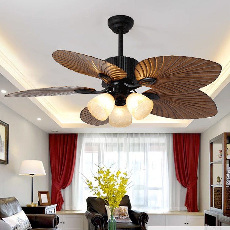 Copper palm-leaf ceiling fan light — copper-finished arms with glass bell shades | Casa Norex