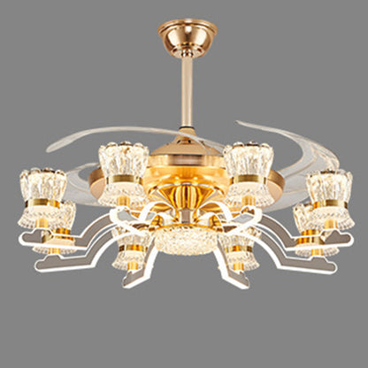 Traditional European Cylinder Iron Stainless Steel Crystal Acrylic LED Downrods Ceiling Fan Light For Living Room