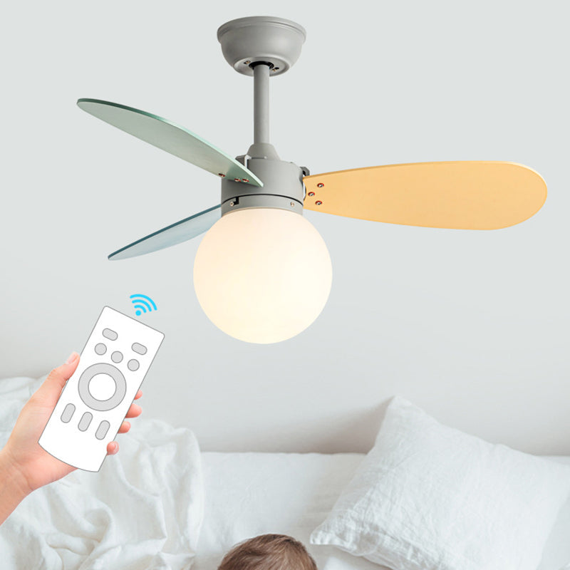 Contemporary Nordic Wood Iron Acrylic Ball 1-Light Downrods Ceiling Fan Light For Bedroom