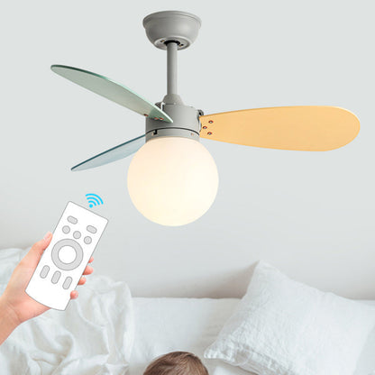 Contemporary Nordic Wood Iron Acrylic Ball 1-Light Downrods Ceiling Fan Light For Bedroom