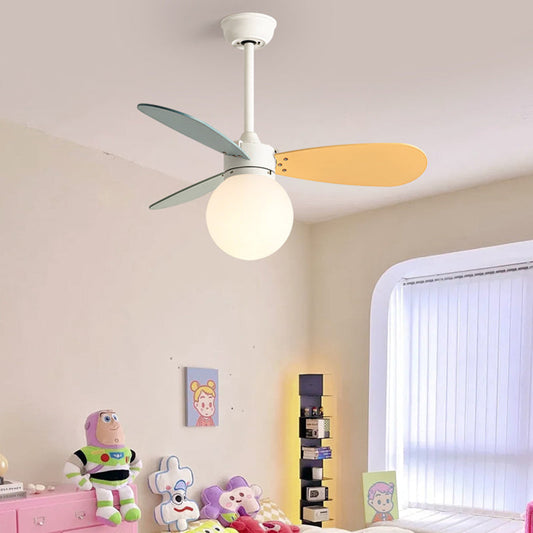 Contemporary Nordic Wood Iron Acrylic Ball 1-Light Downrods Ceiling Fan Light For Bedroom