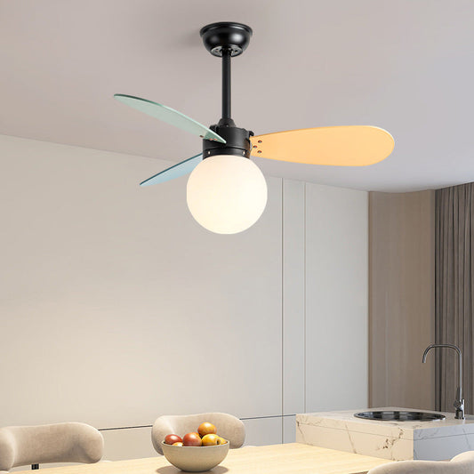 Contemporary Nordic Wood Iron Acrylic Ball 1-Light Downrods Ceiling Fan Light For Bedroom
