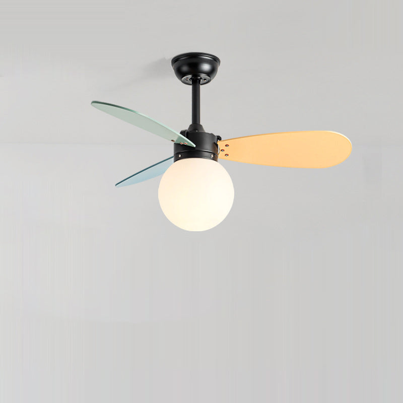 Contemporary Nordic Wood Iron Acrylic Ball 1-Light Downrods Ceiling Fan Light For Bedroom