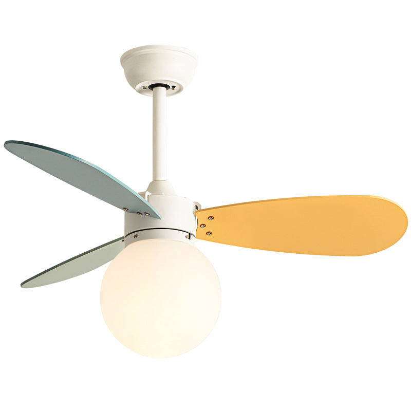 Contemporary Nordic Wood Iron Acrylic Ball 1-Light Downrods Ceiling Fan Light For Bedroom