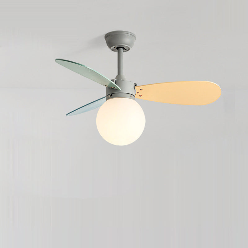 Contemporary Nordic Wood Iron Acrylic Ball 1-Light Downrods Ceiling Fan Light For Bedroom