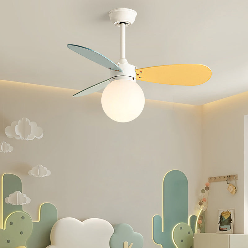 Contemporary Nordic Wood Iron Acrylic Ball 1-Light Downrods Ceiling Fan Light For Bedroom