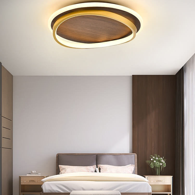 Close-up of walnut wood grain ring on flush mount ceiling light | Casa Norex