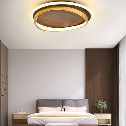 Close-up of walnut wood grain ring on flush mount ceiling light | Casa Norex