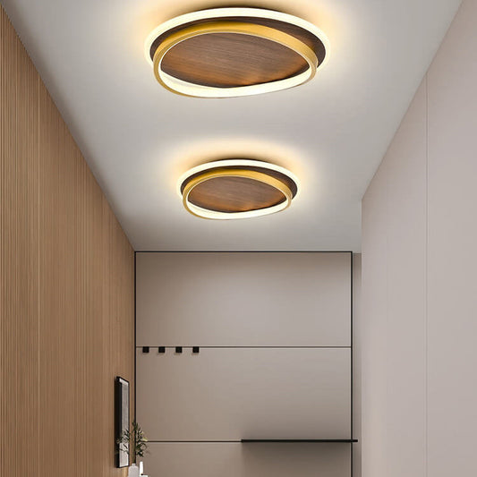 Circular walnut grain flush mount — integrated LED ceiling panel | Casa Norex