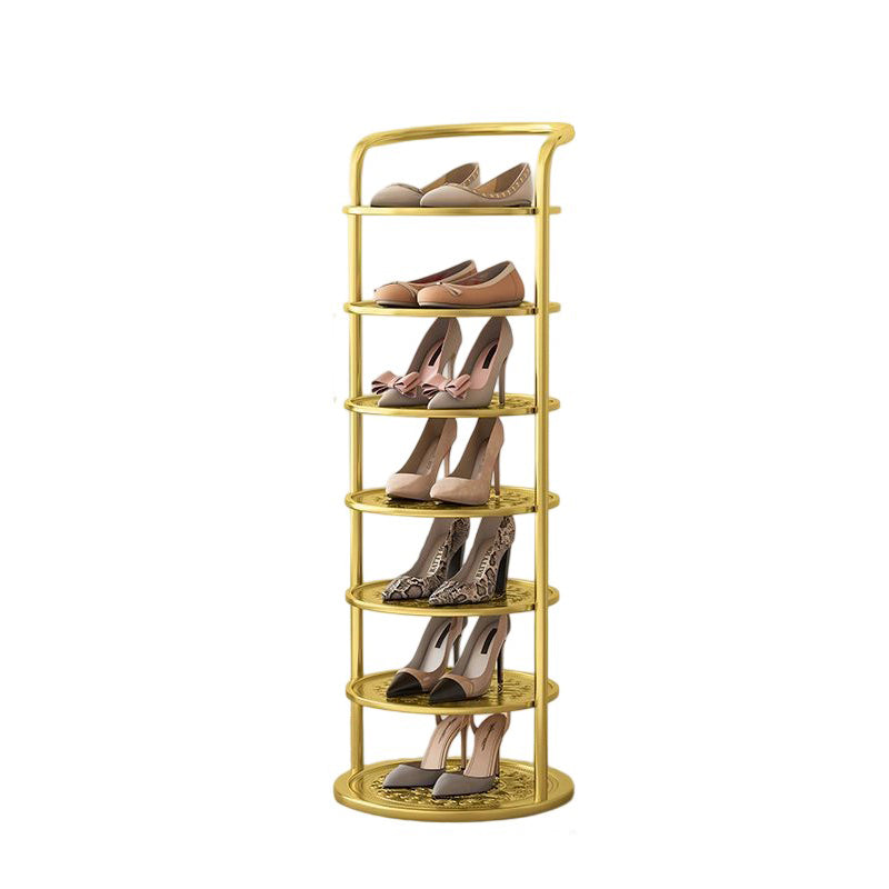 Tiered iron shoe rack shown holding sneakers and boots | Casa Norex