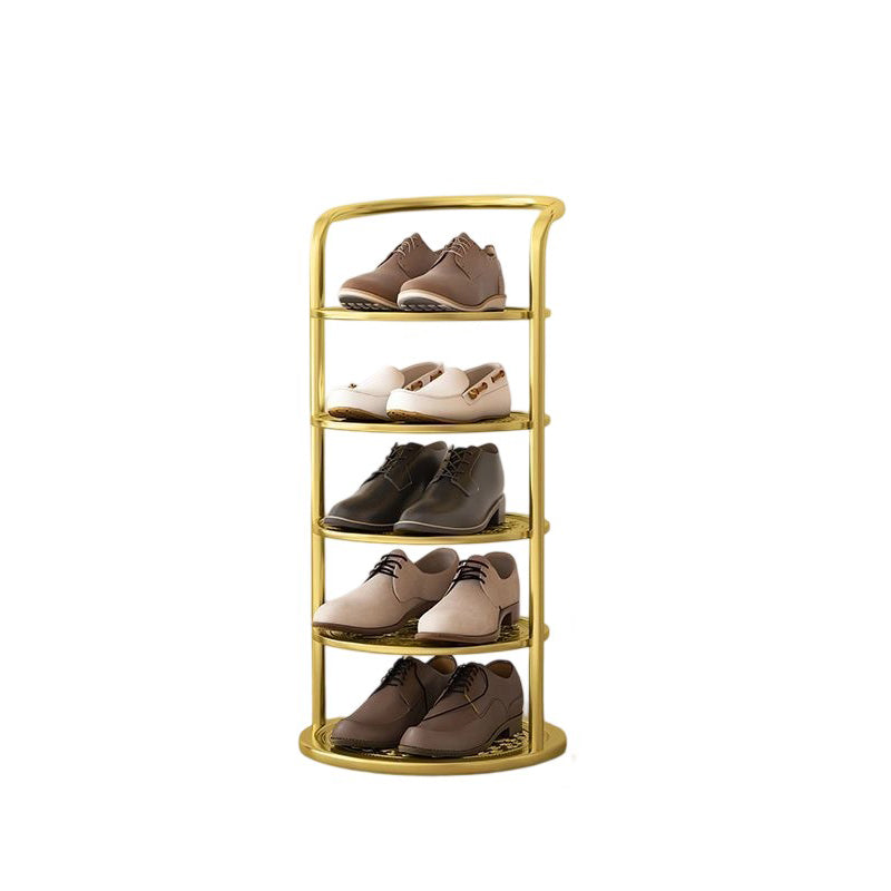 Round tiered iron shoe rack in modern entryway with black finish | Casa Norex