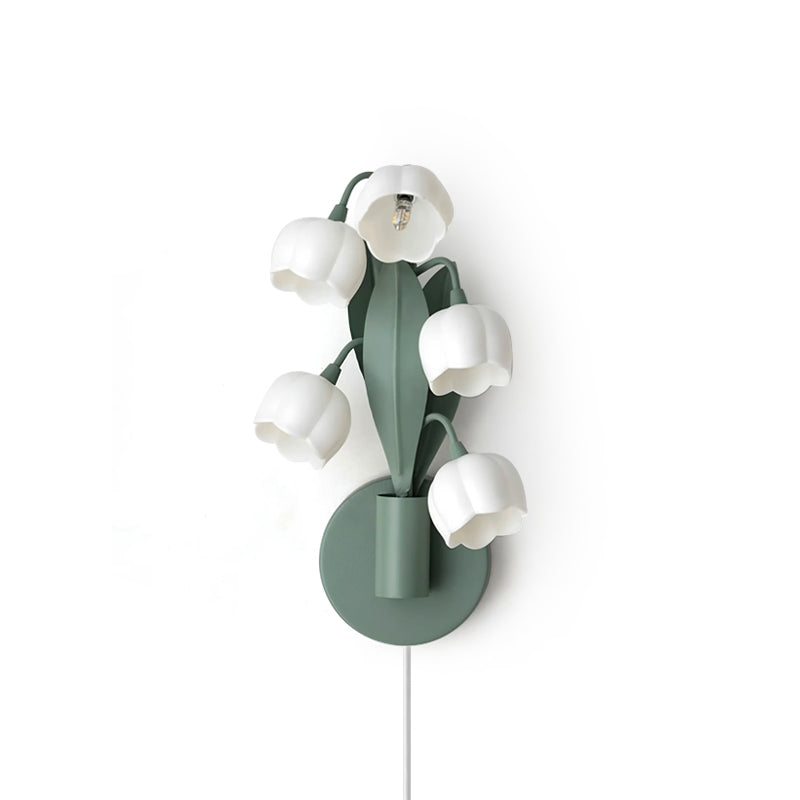 Bell Orchid plug-in wall lamp six bloom cascade green stems white shades | Casa Norex