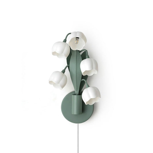 Bell Orchid plug-in wall lamp six bloom cascade green stems white shades | Casa Norex