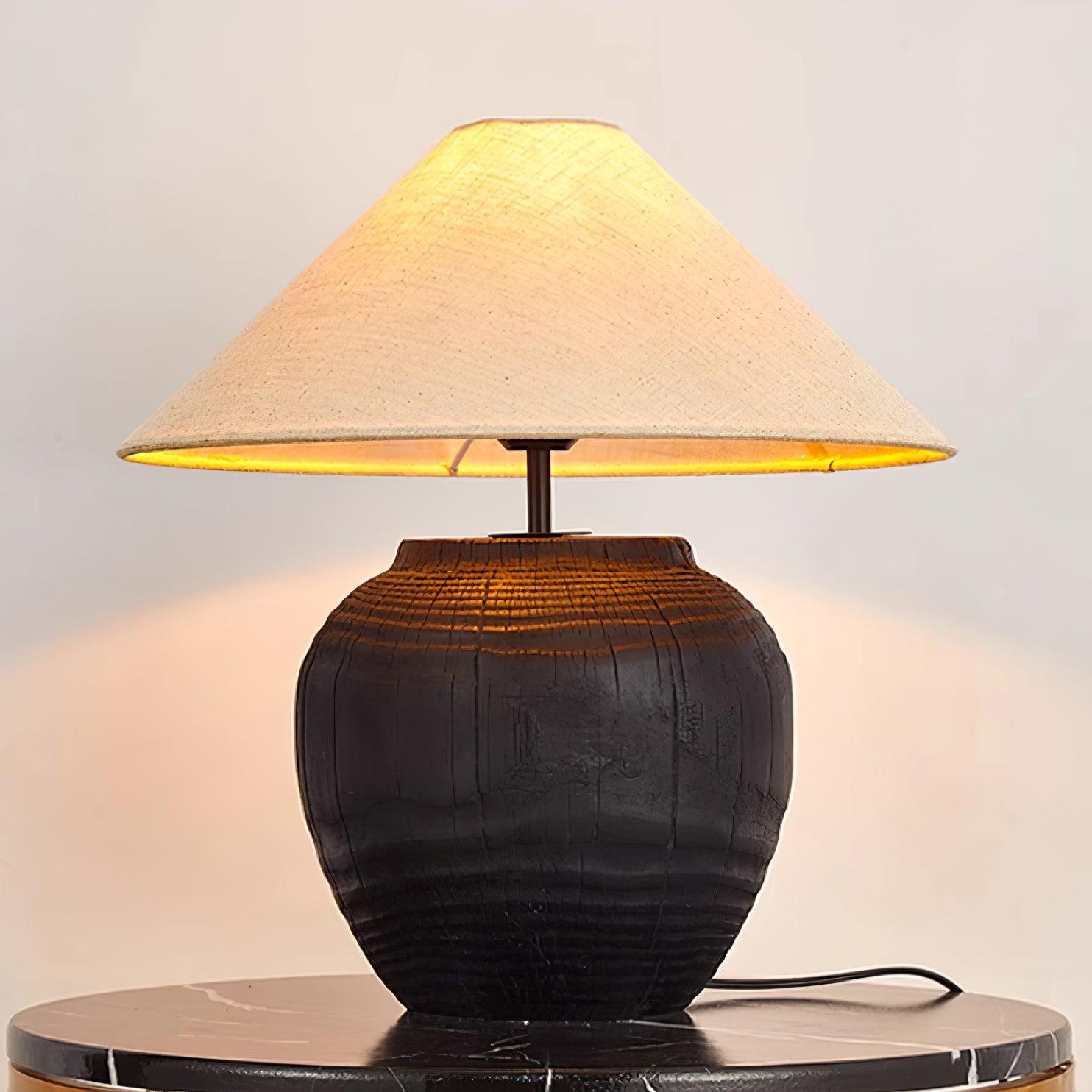 Black Karen resin wood-grain table lamp fabric shade | Casa Norex