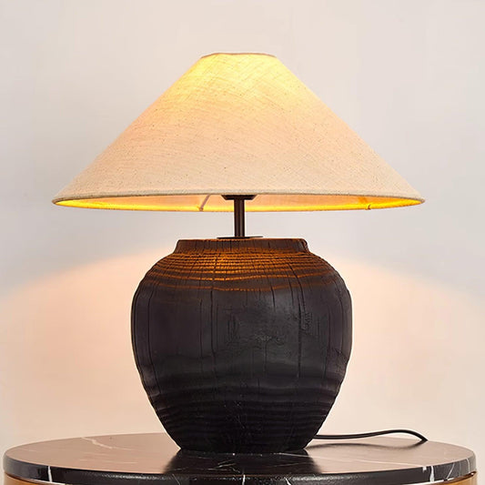 Black Karen resin wood-grain table lamp fabric shade | Casa Norex