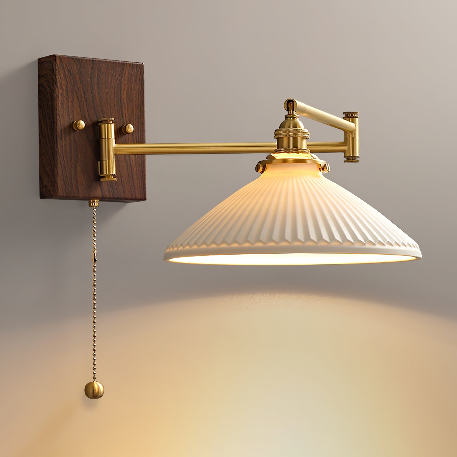 Ceramic geometry wall sconce — brass and walnut finish | Casa Norex