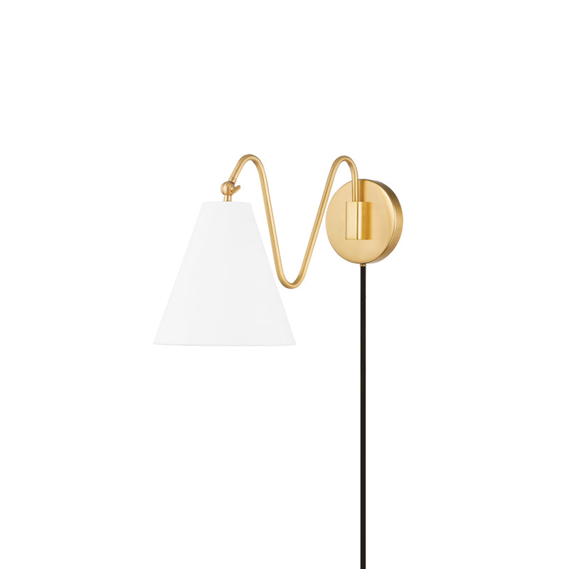 Cleome brass swing arm plug-in wall lamp curved arm fabric shade | Casa Norex