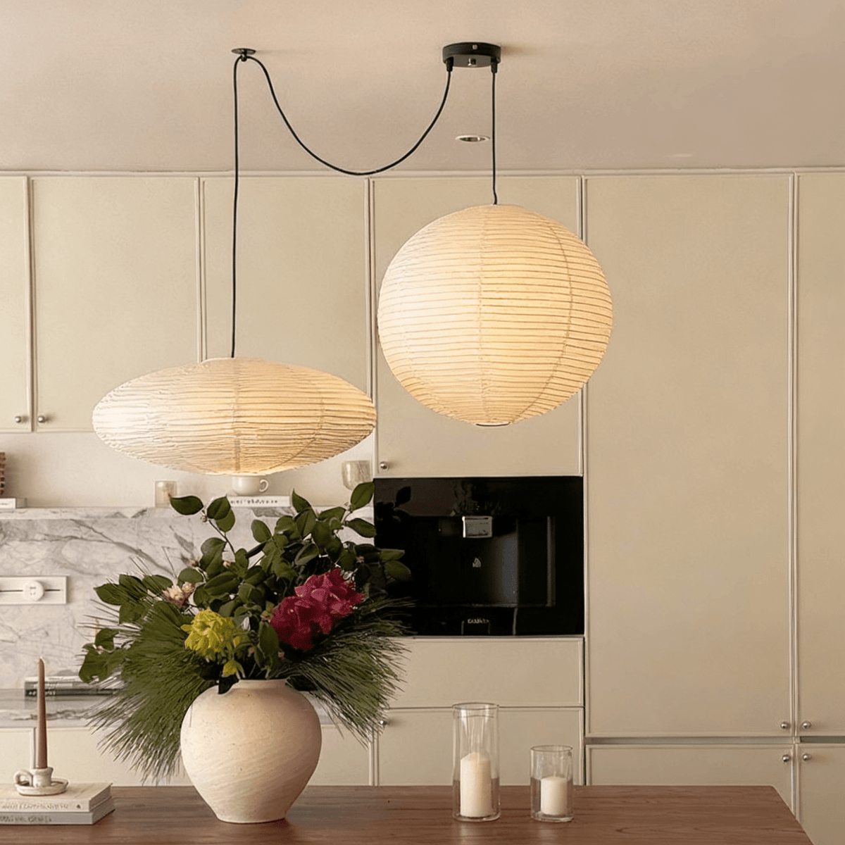 Washi paper pendant lamp angle view — black wire | Casa Norex