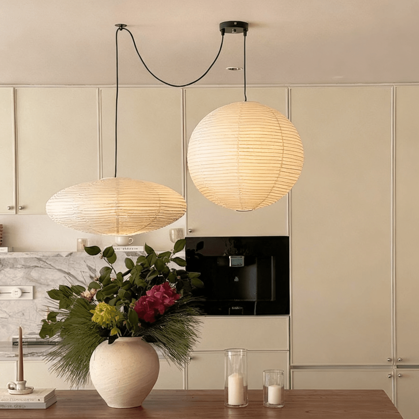 Washi paper pendant lamp angle view — black wire | Casa Norex