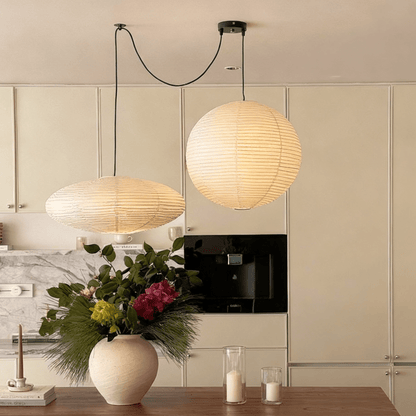 Washi paper pendant lamp angle view — black wire | Casa Norex