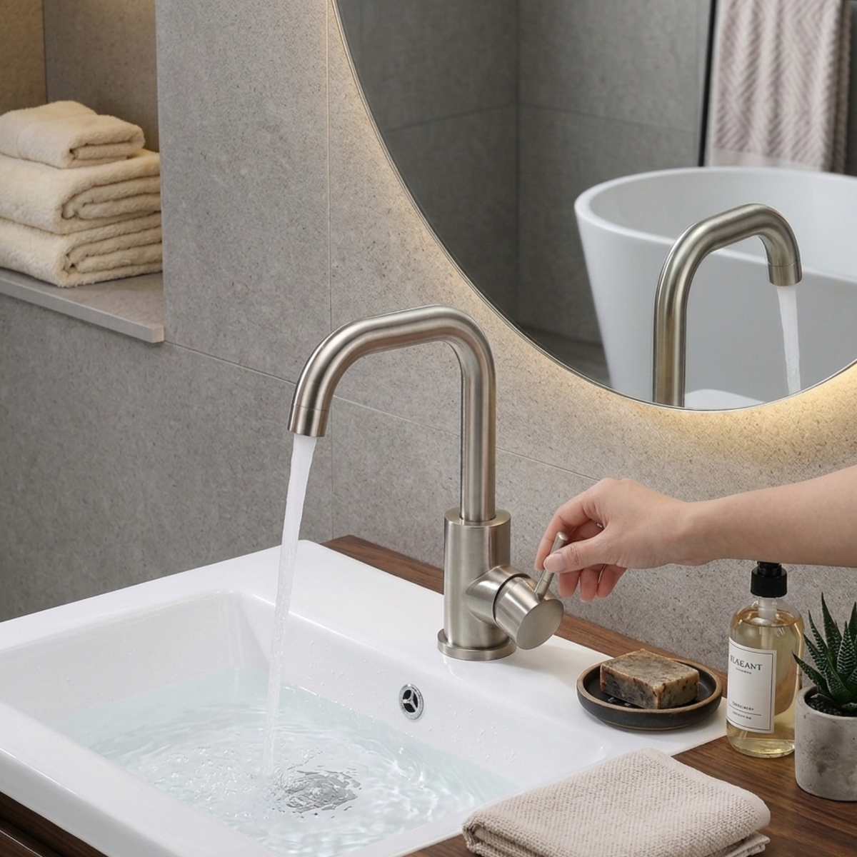 Steelcrest Bathroom Basin Faucet install angle — Brushed Nickel finish — Casa Norex
