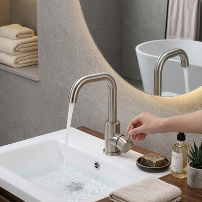 Steelcrest Bathroom Basin Faucet install angle — Brushed Nickel finish — Casa Norex
