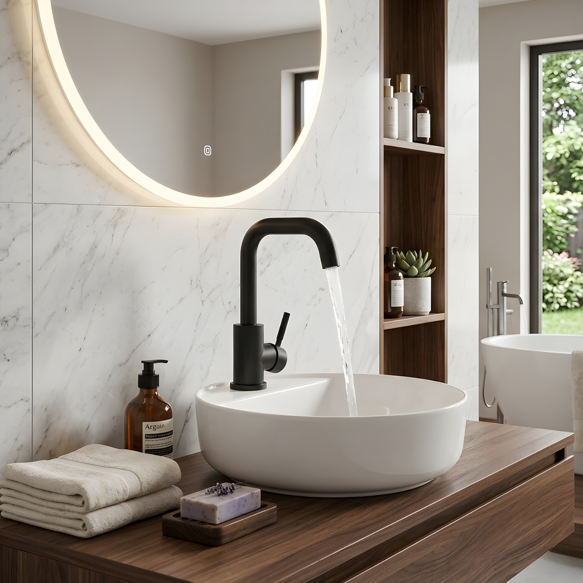 Close-up of stainless steel spout and handle on Steelcrest Bathroom Basin Faucet | Casa Norex
