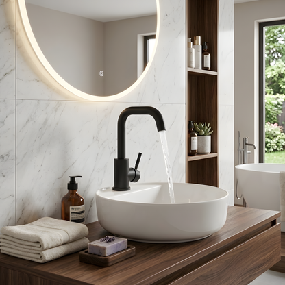 Close-up of stainless steel spout and handle on Steelcrest Bathroom Basin Faucet | Casa Norex