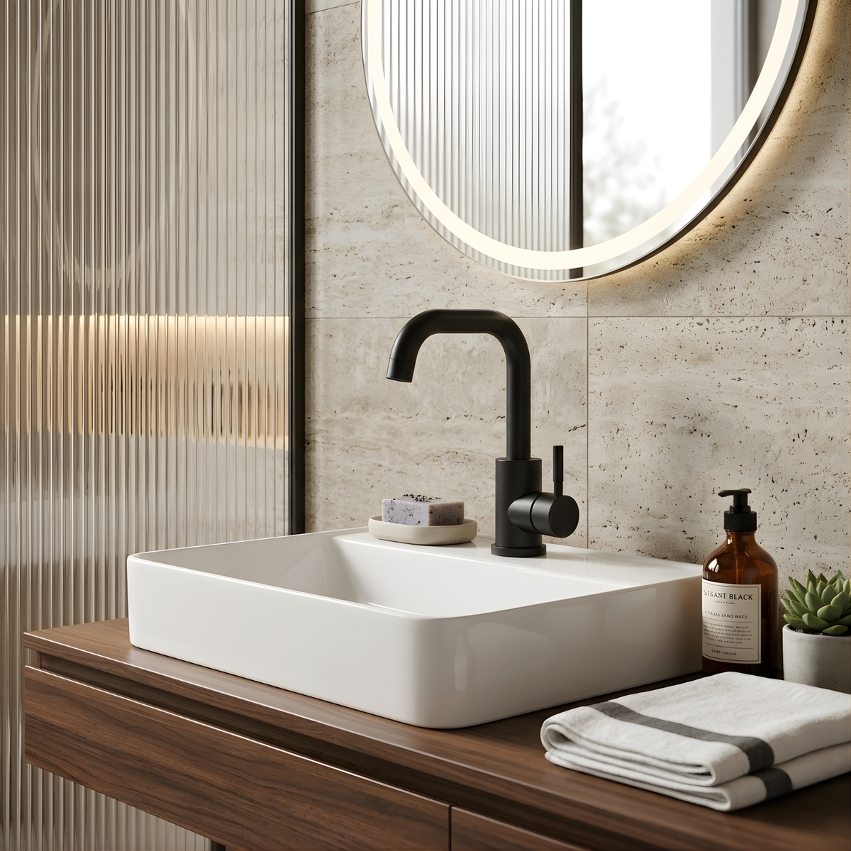 Steelcrest Bathroom Basin Faucet installed — Brushed Nickel finish angle view | Casa Norex