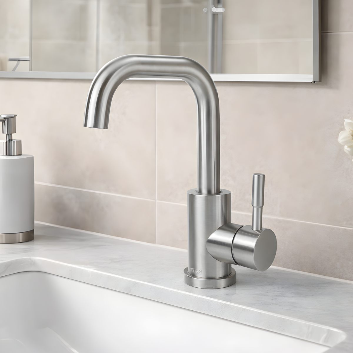 Steelcrest Bathroom Basin Faucet in bathroom vanity setting — Stainless Steel | Casa Norex