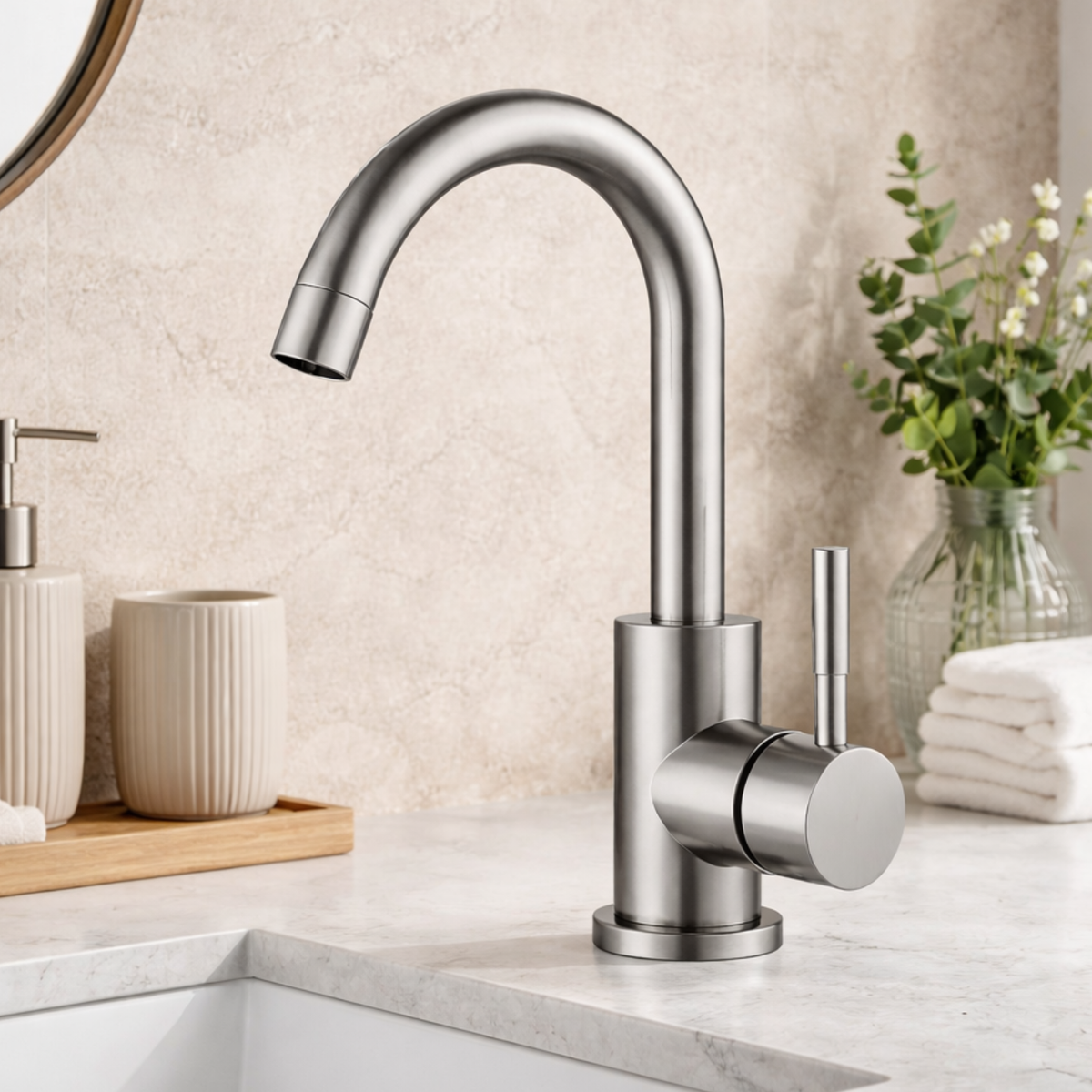 Steelcrest Bathroom Basin Faucet in bathroom vanity setting — Gooseneck Stainless Steel | Casa Norex
