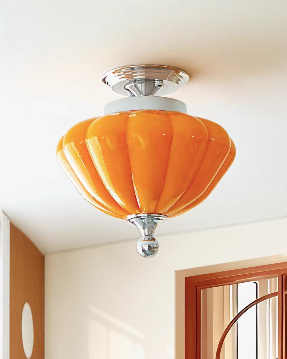 Ribbed amber glass shade close-up - Corenza retro ceiling light by Casa Norex
