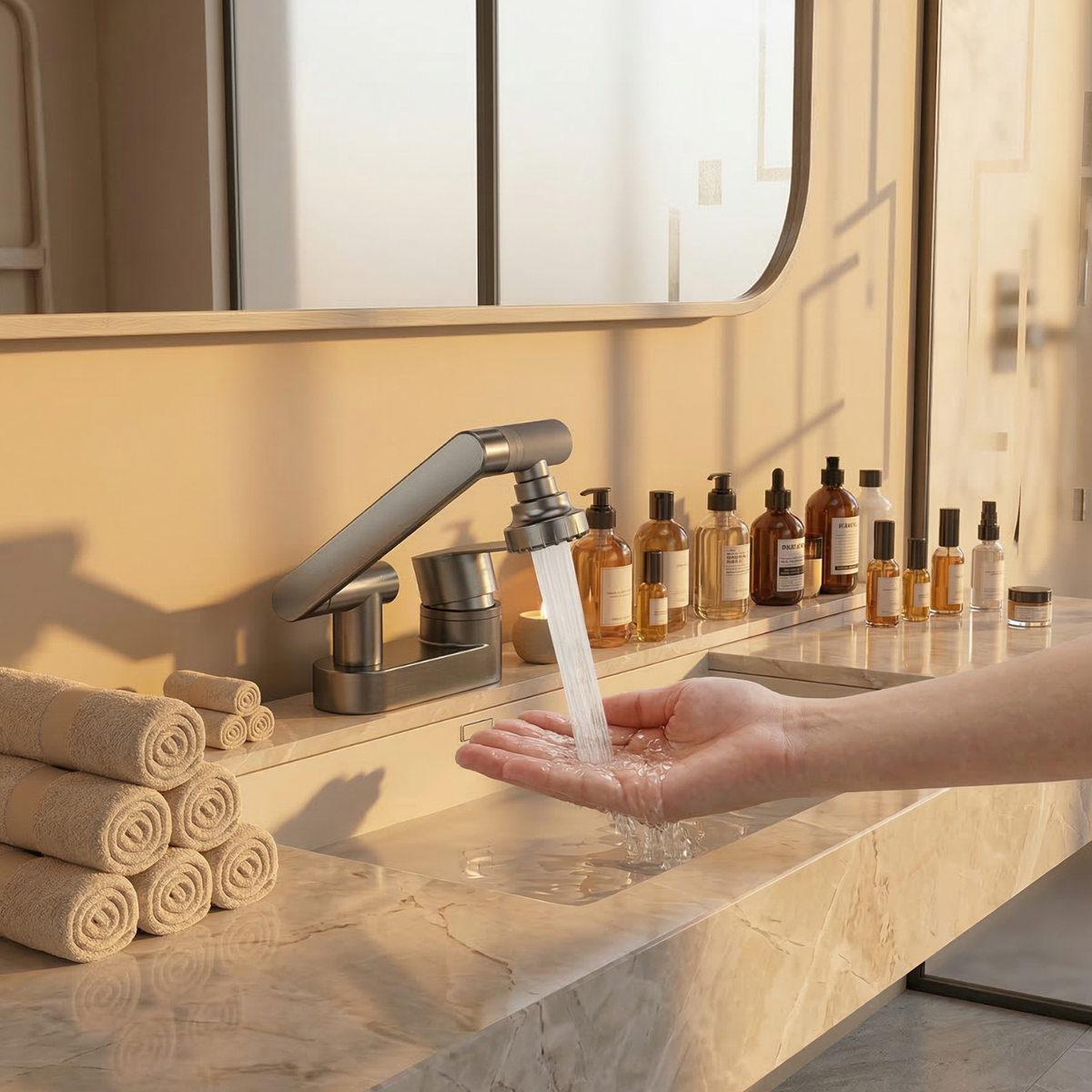 Close-up of mixed metal spout and handle on Rotaflow Bathroom Basin Faucet | Casa Norex