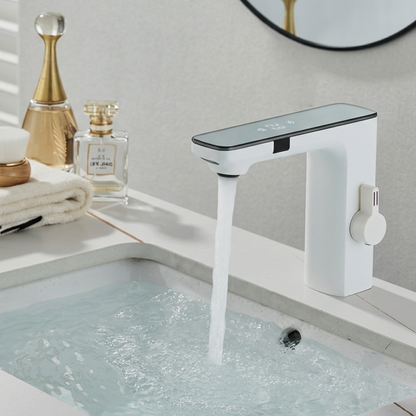 Sensora Bathroom Basin Faucet install angle — Brushed Gray finish — Casa Norex