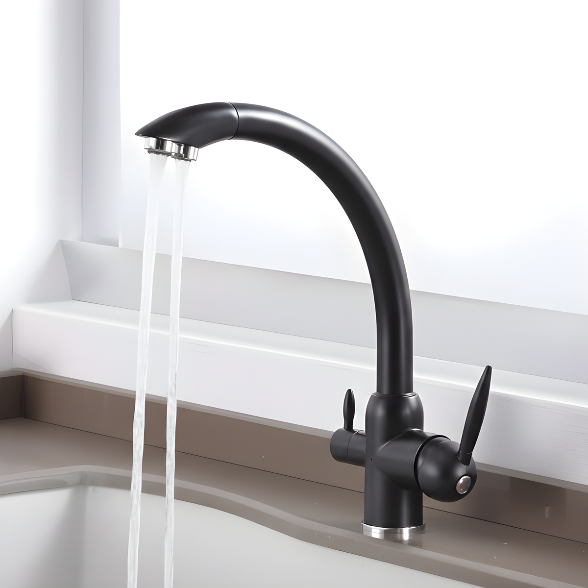 Stonewell 3-Way Kitchen Faucet — granite-flecked matte black finish | Casa Norex