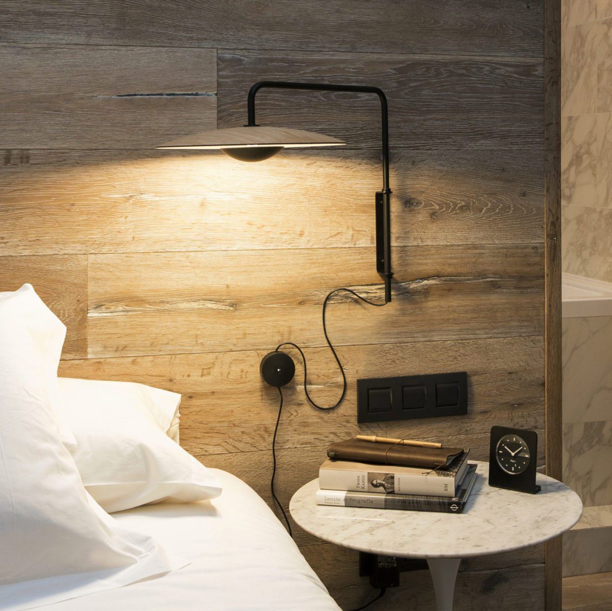 Ginger wall lamp woodgrain finish installed bedroom - Casa Norex