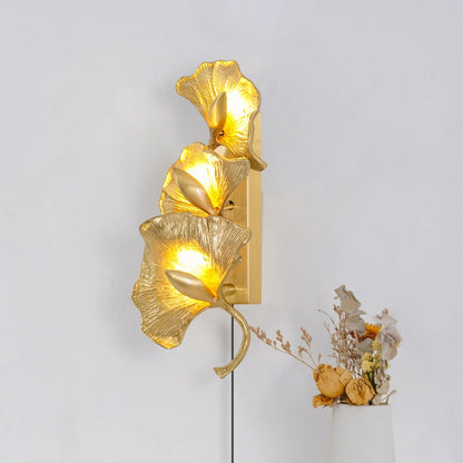 Ginkgo Leaf plug-in wall lamp side view - brass finish - Casa Norex