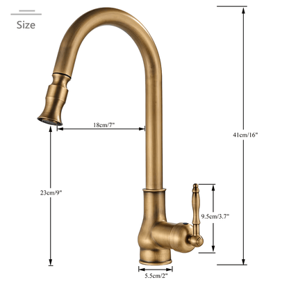 Amberleigh Antique Brass Pull-Down Kitchen Faucet — ceramic disc valve, angled view | Casa Norex
