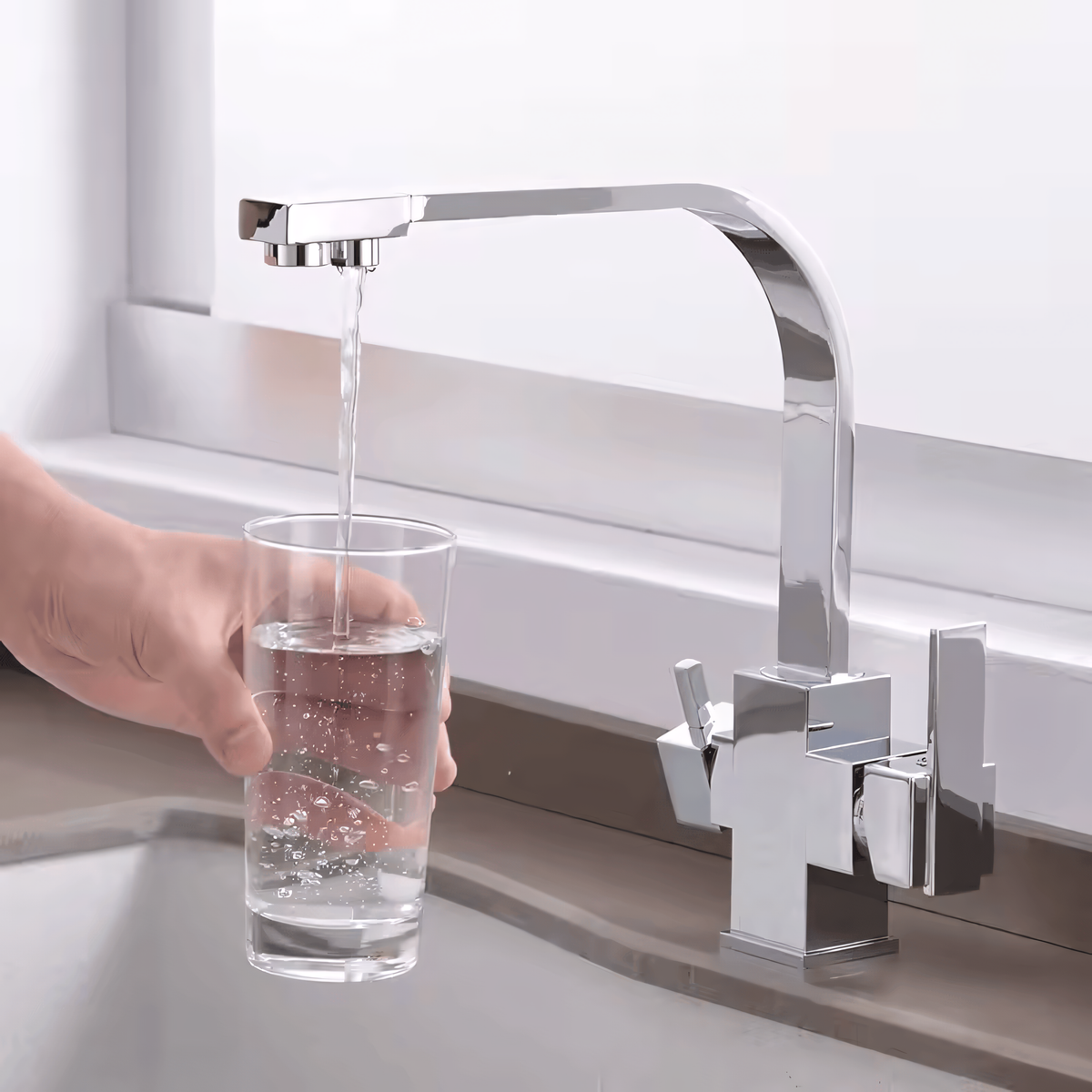 Meridian 3-Way Filtered Kitchen Faucet — 360° high-arc swivel spout, angled view | Casa Norex