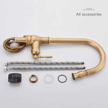 Amberleigh Antique Brass Pull-Down Kitchen Faucet — also available in Matte Black, angled view | Casa Norex
