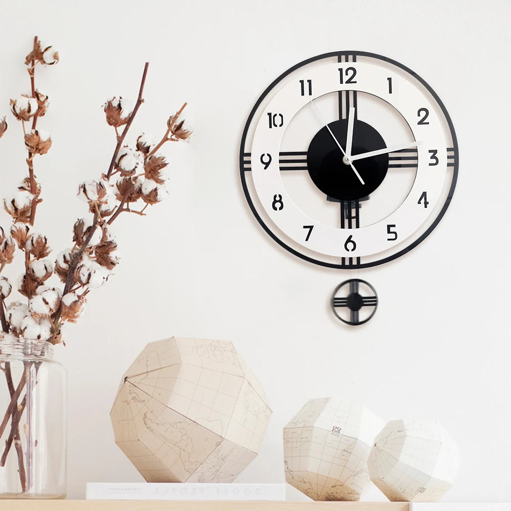 Minimalist Pendulum Wall Clock scale reference on a living room wall — Casa Norex