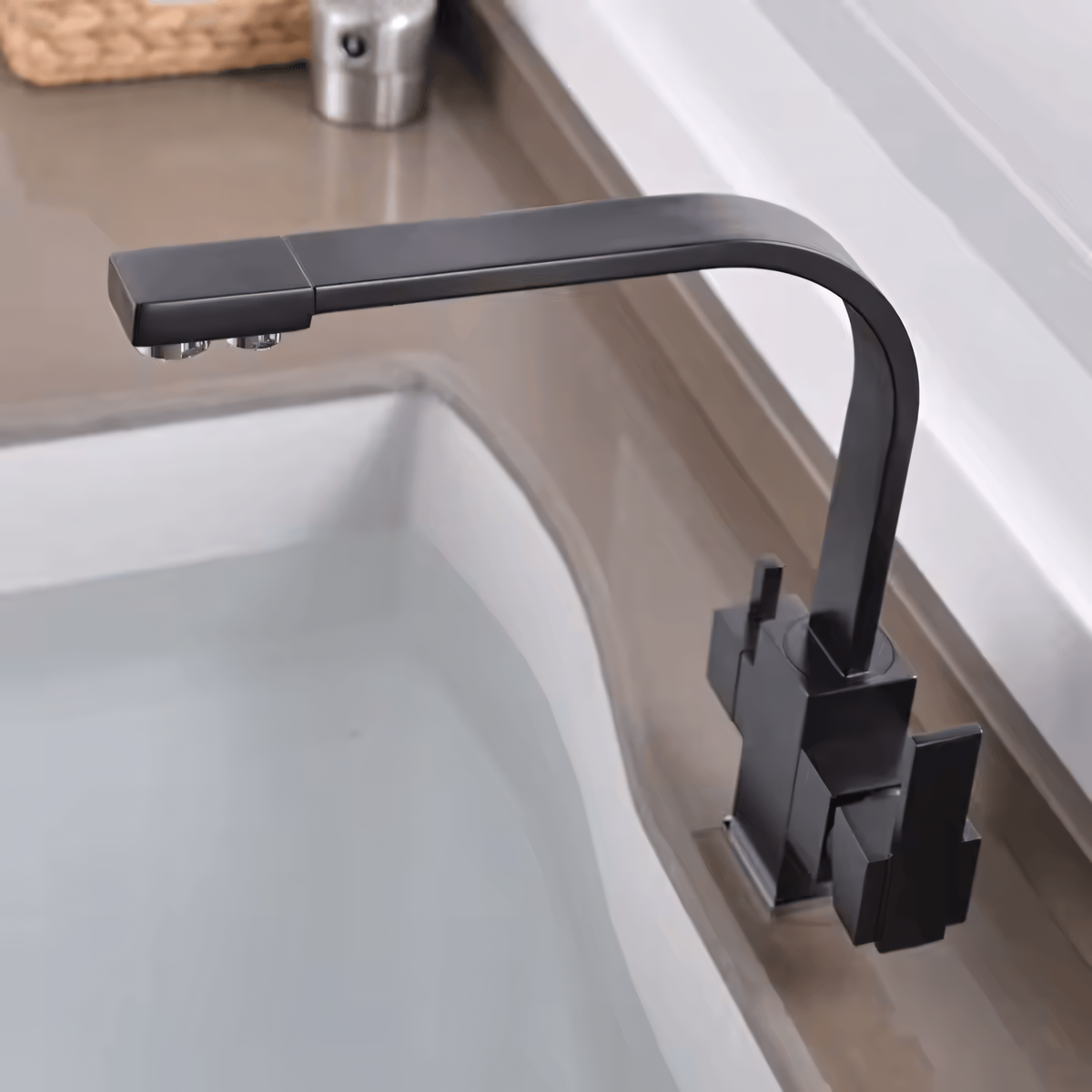 Meridian 3-Way Filtered Kitchen Faucet — genuinely separate filtered waterway, angled view | Casa Norex