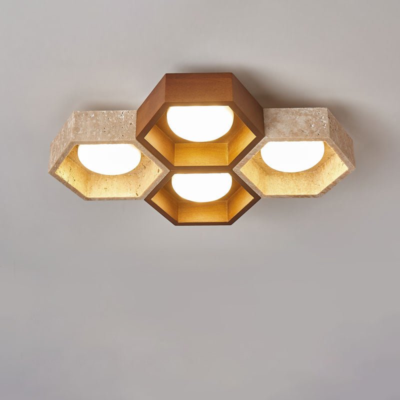 Travertine ceiling lamp lit vs unlit comparison — Casa Norex