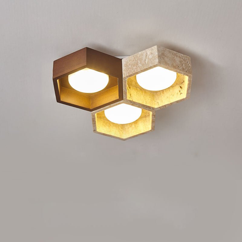 Honeycomb travertine ceiling lamp — yellow travertine and walnut | Casa Norex