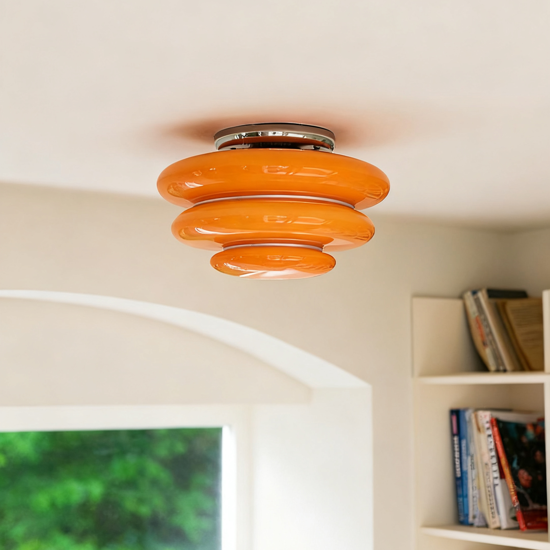 Honeylite honey orange tiered glass ceiling lamp silver ring trim | Casa Norex