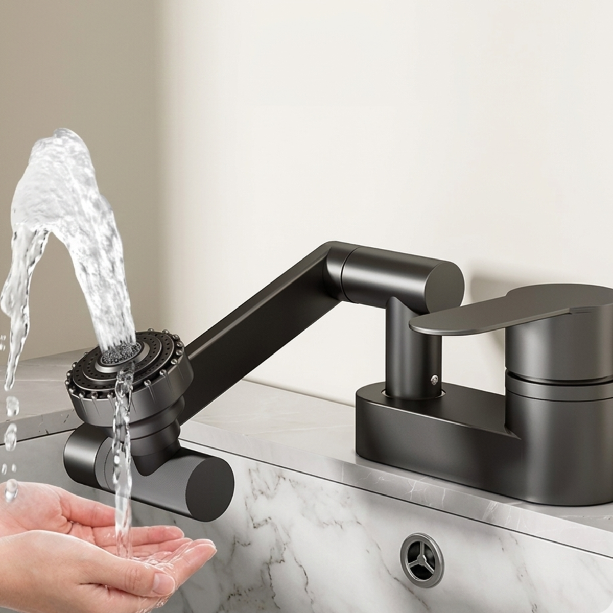Rotaflow Bathroom Basin Faucet installed — Silver finish angle view | Casa Norex