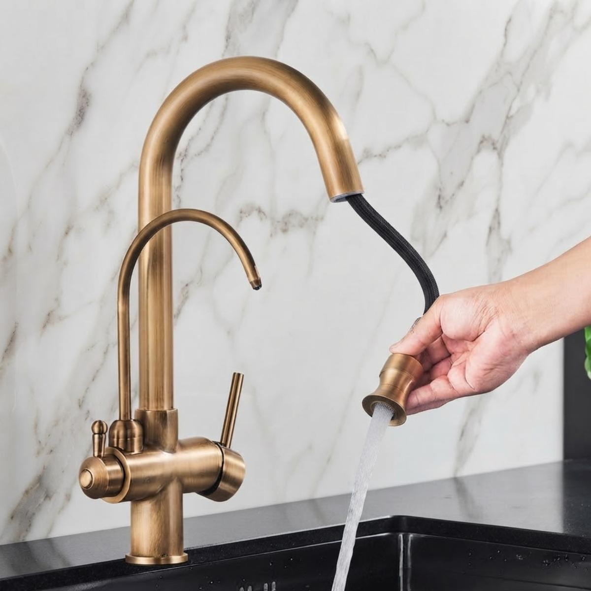 Marchbank Antique Brass 3-Way Filtered Kitchen Faucet — lead-free solid brass body | Casa Norex