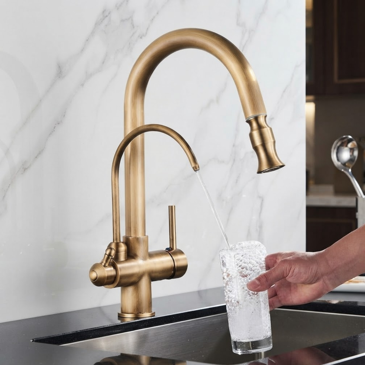 Marchbank Antique Brass 3-Way Filtered Kitchen Faucet — dual-handle design | Casa Norex