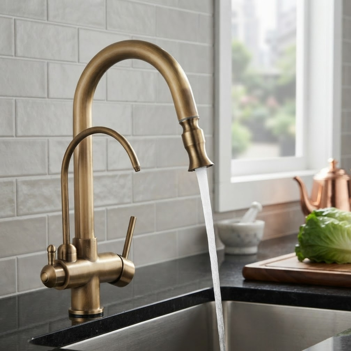 Marchbank Antique Brass 3-Way Filtered Kitchen Faucet — ceramic disc valve | Casa Norex
